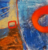 "rot-blau", Acryl, Mischtechnikt mit Rost + Pigmenten auf Leinwand, 40x40 cm, im Holz-Rahmen 50x50, 650,-€